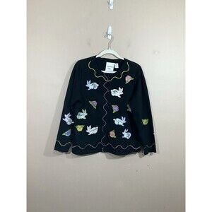 VTG Michael Simon Light Embroidered Bunny Cardigan M Black Easter Flowers Rabbit